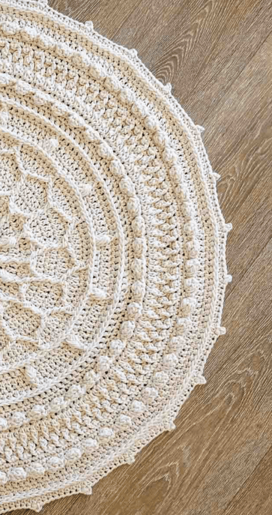 Round crochet floor rug.