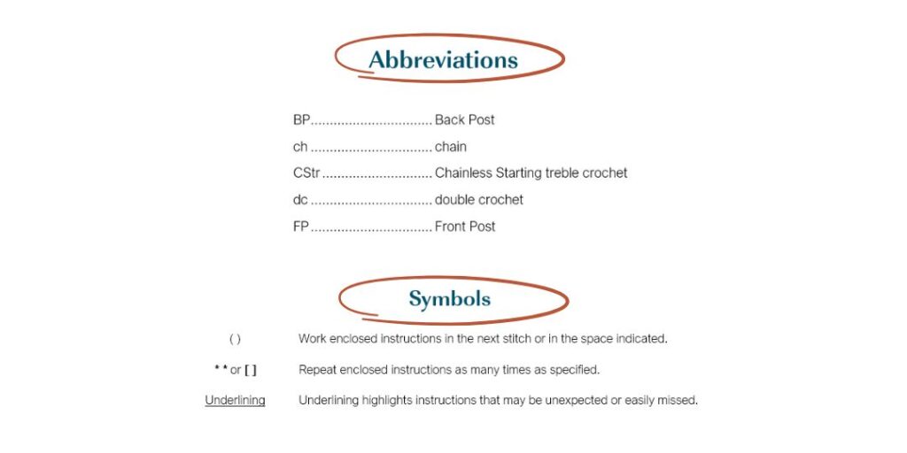 Example of abbreviations and symbols section of a crochet pattern.