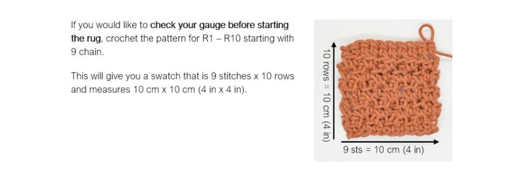 Example of the gauge section of a crochet pattern.