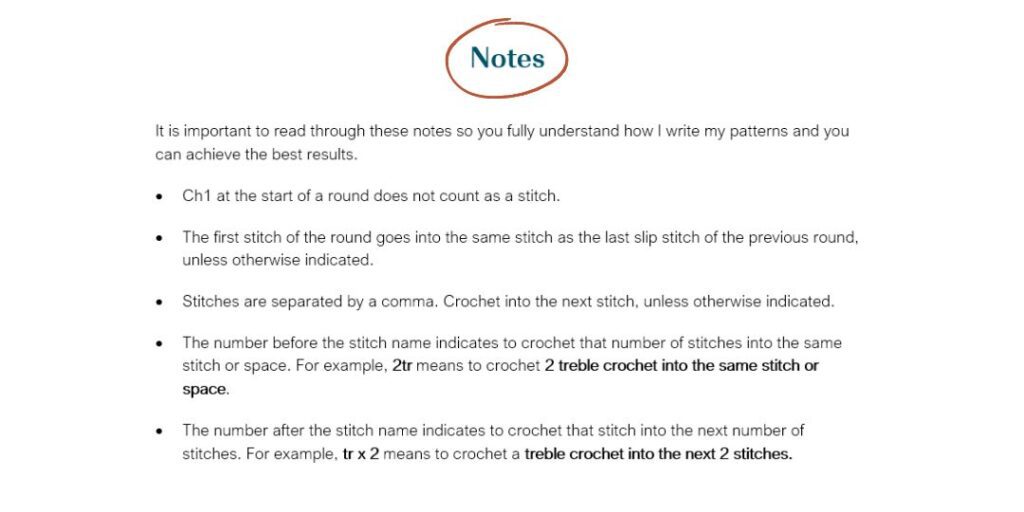 Example of the notes section of a crochet pattern.