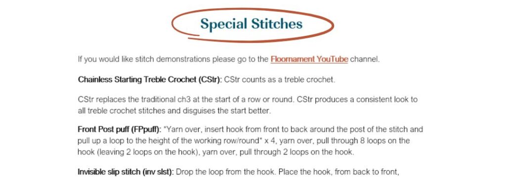 Example of a special stitches section in a crochet pattern.