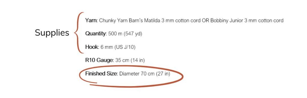 Example details of a crochet pattern including yarn name and quantity, hook size, finished size, gauge.