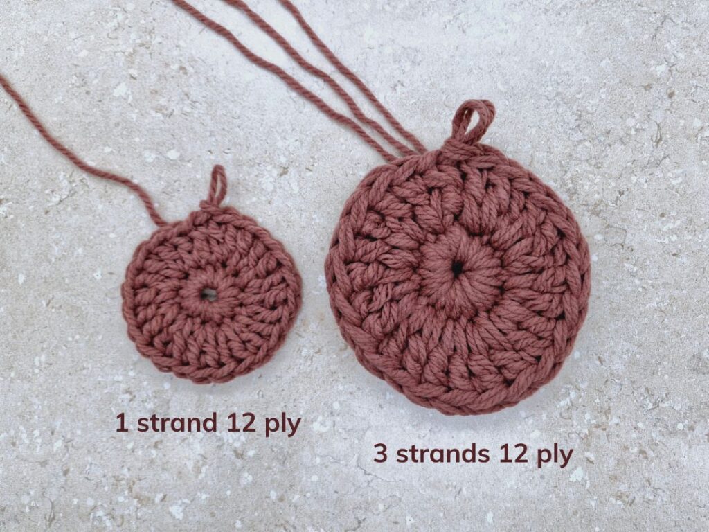 1 strand vs 3 strands of 12 ply yarn.